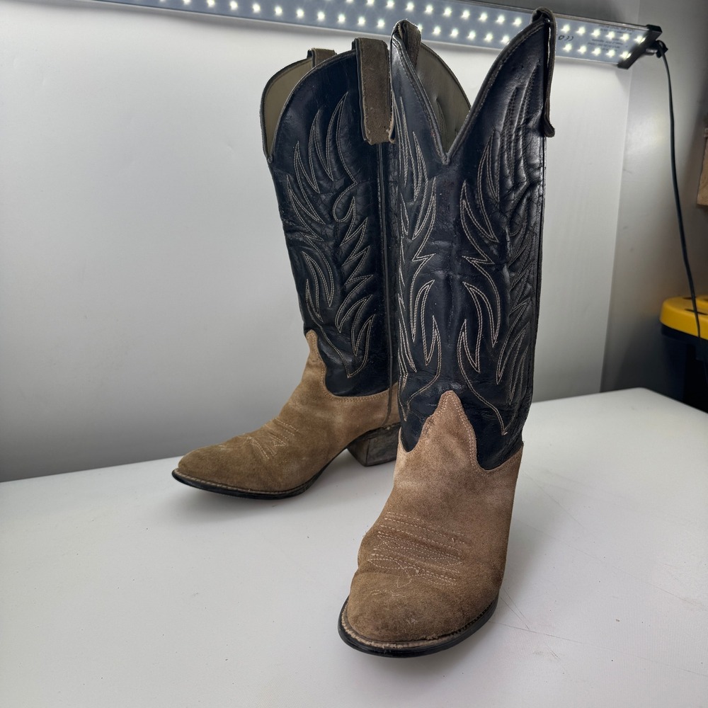 Vintage Texas Brand Boots Women 7M Tan Suede Black Leather Cowboy Western 80s - Picture 3 of 9